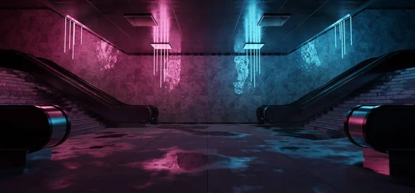 現実的な地下鉄の駅背景にぬれた床を反映している 青とピンクの輝くネオンライトとエスカレーターと未来的な地下鉄のインテリア 3Dレンダリング — ストック写真