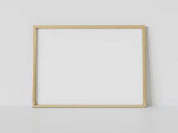 Quadro Retangular Dourado Inclinado Chão Branco Interior Mockup Modelo Uma — Fotografia de Stock