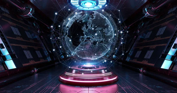 Parlayan neon dünya haritalı mavi ve pembe uzay gemisi. Uzay istasyonunda, Dünya Gezegeni 'nin 3D projeksiyonlu gelecekteki koridoru