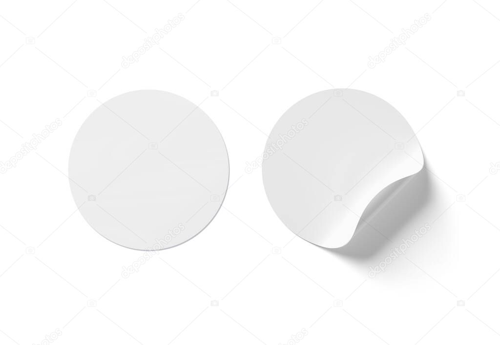 Blank sticker mockup with curled corner isolated on white background. Circular adhesive label with bent side. 3D rendering