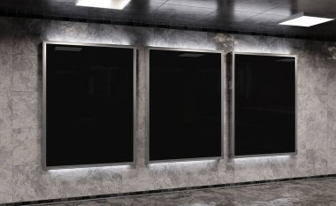Yeraltı metro duvarında üç tane dikey reklam panosu var. Üç boyutlu reklam tablosu, tren istasyonunun iç mekânına istifçilik.