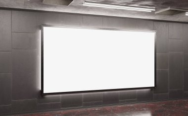 Metro Mockup 'ta büyük panoramik reklam panosu. Tren istasyonunun duvarında asılı reklamlar 3D görüntüleme