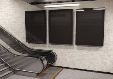 Yeraltı duvarında üç tane dikey reklam panosu var. Metro duvarına üç boyutlu reklam istifçiliği 3D görüntüleme