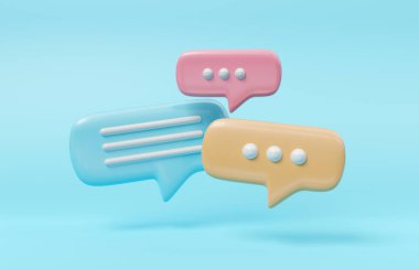 Minimalist mavi ve sarı konuşma baloncukları arka planda yüzen ikonlar hakkında konuşuyor. Modern sohbet ya da gölgeli sosyal medya mesajları. 3B görüntüleme