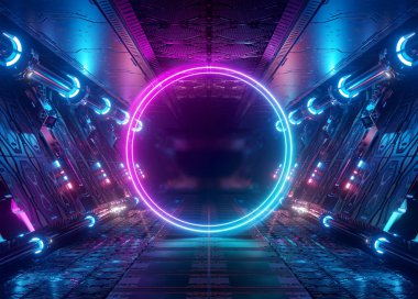 Uzay gemisinde neon tarzı daire modeli. Mavi ve pembe modern hologramlar, fütüristik panellerdeki ışıklarla aydınlatılıyor.