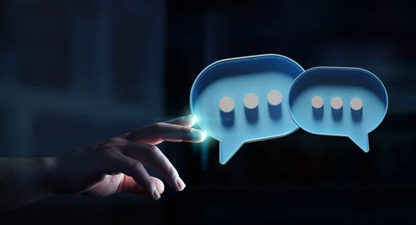 指で暗いタッチで男デジタルカラフルなスピーチの泡のアイコンを話す ビジネスマンの手の前に浮かぶ最小限の会話やソーシャルメディアメッセージ 3Dレンダリング — ストック写真