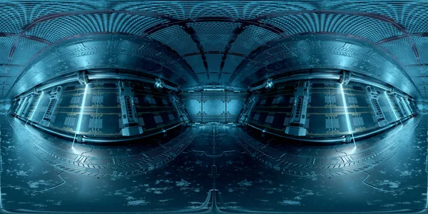 深蓝色宇宙飞船内部的Hdri全景视图 未来航天器机房三维绘制高分辨率360度全景反射绘图 — 图库照片