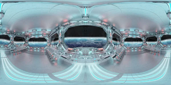 Hdri Panoramablick Auf Das Weiß Blaue Raumschiff Innere Mit Fenstern — Stockfoto