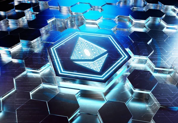 Ethereum Εικονίδιο Έννοια Χαραγμένο Μπλε Μεταλλικό Εξαγωνικό Φόντο Pedestral Crypto — Φωτογραφία Αρχείου