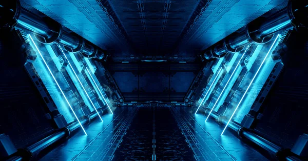 Blå Rymdskepp Interiör Med Neonljus Panelväggar Futuristisk Modern Korridor Rymdstationen — Stockfoto