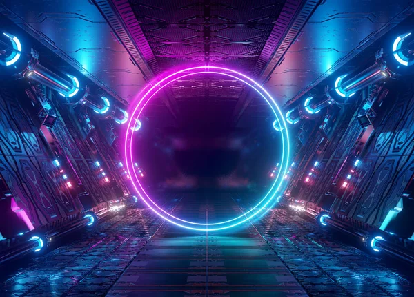 宇宙飞船上的霓虹灯式圆形模型 蓝色和粉色现代全息图被未来面板内部3D渲染中的灯光照亮 — 图库照片
