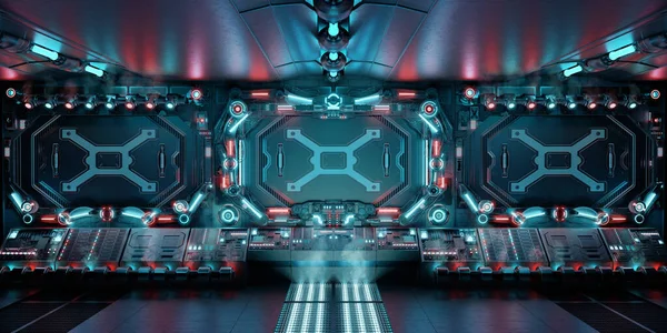 輝くコントロールパネルとボタンで暗い宇宙船のインテリア 青と赤のネオンで未来的な宇宙ステーションの背景 3Dレンダリング — ストック写真