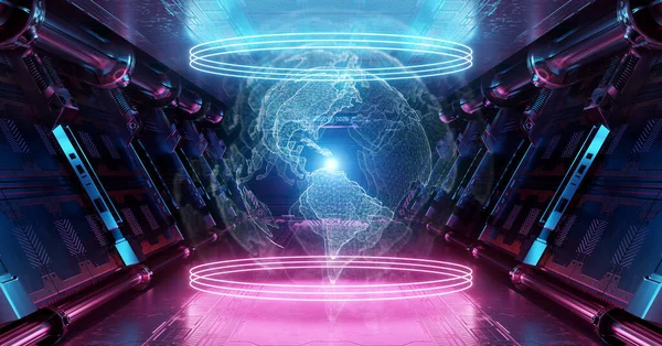 輝くネオン世界地図と青とピンクの宇宙船のインテリア 投影された惑星地球の背景3Dレンダリングを持つ宇宙ステーションの未来的な廊下 — ストック写真