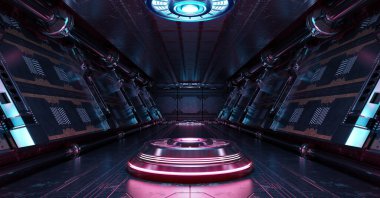 Aydınlatılmış projektörlü mavi ve pembe uzay gemisi. Uzay istasyonunda parlak neon ışıklarıyla dolu fütürist koridor. 3d oluşturma