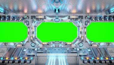 Geniş pencereli beyaz bir uzay gemisi. Parlak mavi ve kırmızı kontrol panelleri ve boş manzaralı gelecekçi uzay aracı. 3B görüntüleme