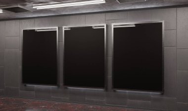 Yeraltı metro duvarında üç tane dikey reklam panosu var. Üç boyutlu reklam tablosu, tren istasyonunun iç mekânına istifçilik.
