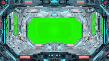 Geniş pencereli beyaz bir uzay gemisi. Parlak mavi ve kırmızı kontrol panelleri ve boş manzaralı gelecekçi uzay aracı. 3B görüntüleme