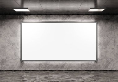 Metro Mockup 'ta büyük panoramik reklam panosu. Tren istasyonunun duvarında asılı reklamlar 3D görüntüleme