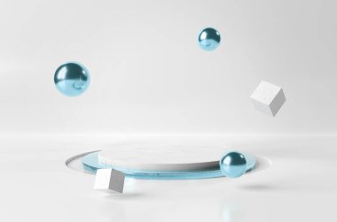 Yüzen elementlerle sahne arkası. Boş dairesel platformun maketi. Soyut geometrik kaide. 3B görüntüleme