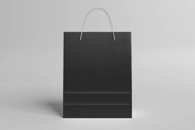 Beyaz arka planda alışveriş torbası modeli. Boş dokular üzerine siyah bir kağıt poşet. 3B görüntüleme