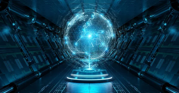 Interior Azul Nave Espacial Com Neon Brilhante Mapa Mundo Corredor — Fotografia de Stock