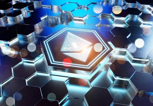 Ethereum Icon Concept Engraved Blue Metal Hexagonal Pedestral Background Crypto — Stock Photo, Image