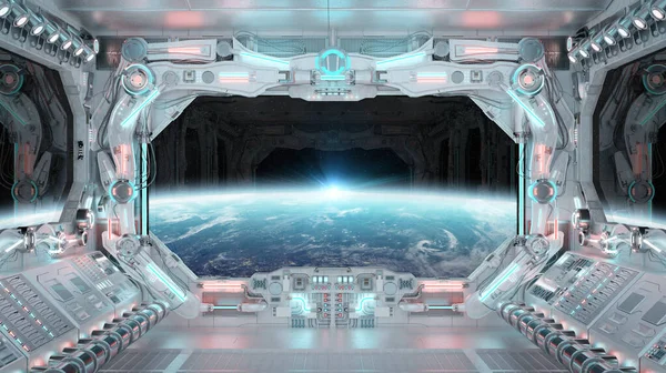 Białe Wnętrze Statku Kosmicznego Świecącymi Niebieskimi Czerwonymi Światłami Futurystyczny Statek — Zdjęcie stockowe