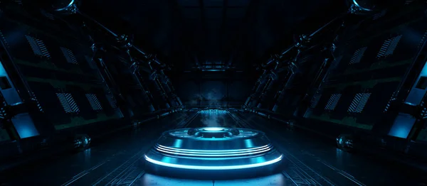 Interior Nave Espacial Azul Con Proyector Iluminado Corredor Futurista Estación —  Fotos de Stock