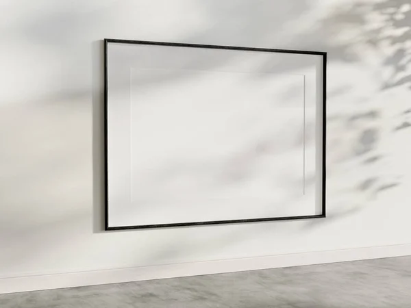 Black frame hanging in bright interior mockup. Template of a picture framed on a wall bathed with sunlight 3D rendering