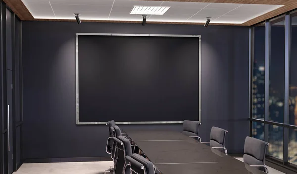 シルバー水平フレームモックアップ暗いオフィス会議室にぶら下がっている 現代的な会社のインテリア3Dレンダリングで看板のモックアップ — ストック写真