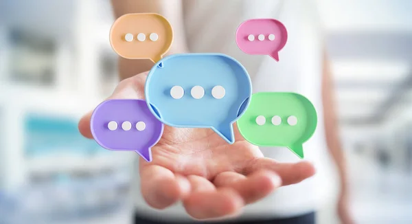 Üzletember Segítségével Digitális Színes Beszéd Buborékok Beszélni Ikonok Minimális Beszélgetés — Stock Fotó
