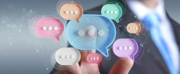 Man Touching His Fingers Digital Colorful Speech Bubbles Talk Icons — Stock Photo, Image