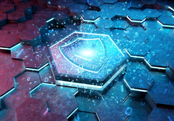 Shield Icon Konzept Auf Blauem Und Rosa Metall Sechseckigen Fußboden Stockfoto