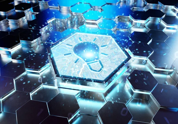 Glühbirne Symbol Kreativität Konzept Auf Blauem Metall Sechseckigen Pedestral Hintergrund lizenzfreie Stockfotos