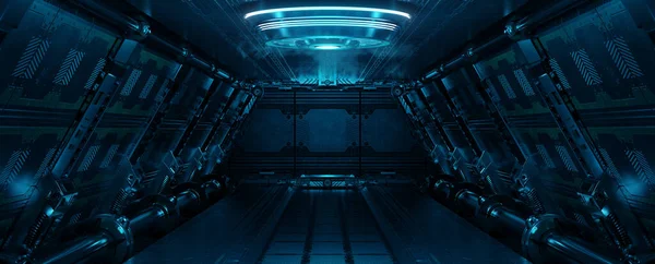 Blaues Raumschiff Interieur Mit Neonlicht Den Wänden Futuristischer Moderner Korridor lizenzfreie Stockbilder