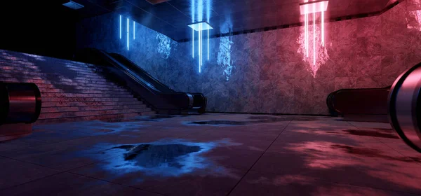 Realistischer Bahn Untergrund Mit Nassen Reflektierenden Fußböden Futuristisches Bahn Interieur Stockbild