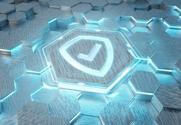 Shield Icon Concept Eingraviert Auf Weißem Und Blauem Sechseckigem Metallpedestralhintergrund lizenzfreie Stockbilder