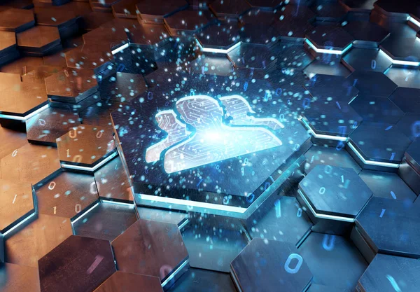 Benutzersymbolkonzept Eingraviert Auf Blauem Und Orangefarbenem Sechseckigem Metallpedestralhintergrund Social Media Stockbild