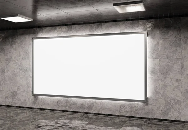 Große Panoramawerbetafel Auf Bahn Attrappe Horterwerbung Hängt Bahnhofswand Innenraum Rendering Stockbild