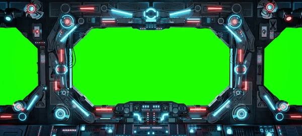 Dunkles Raumschiff Interieur Mit Isoliertem Großen Fenster Futuristische Raumfahrzeuge Mit Stockbild