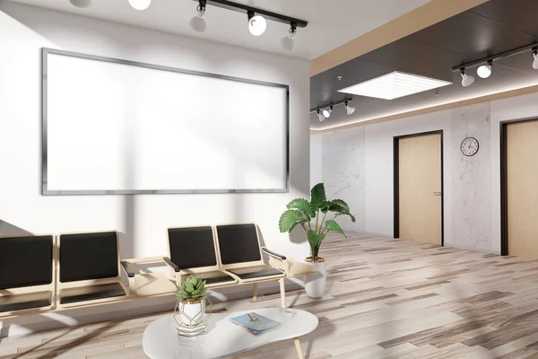 Panoramarahmen Attrappe Hängt Büro Wartezimmer Vorlage Einer Werbetafel Modernem Holzinterieur Stockfoto