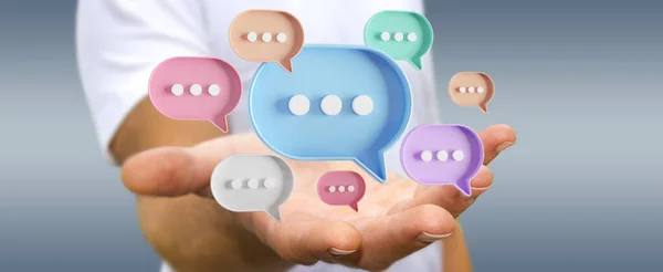 Der Mensch Der Mit Seinen Fingern Digitale Bunte Sprechblasen Berührt Stockbild
