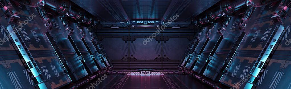 Blaues Und Pinkfarbenes Raumschiff Interieur Mit Neonlichtern Den Wänden Futuristischer Stockbild