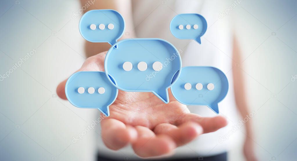 Businessman using digital blue speech bubbles talk icons. Minimal conversation or social media messages floating over user hand. 3D rendering