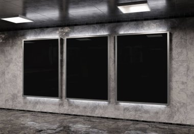 Yeraltı metro duvarında üç tane dikey reklam panosu var. Üç boyutlu reklam tablosu, tren istasyonunun iç mekânına istifçilik.