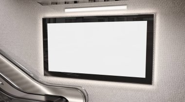 Panoramik 2: 1 yer altı metro duvarında parlayan reklam panosu Mockup. İstasyon duvarına 3 boyutlu reklam istiflemek