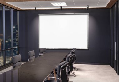 Karanlık ofis toplantı odasında asılı gümüş yatay çerçeve Mockup. Modern şirketlerin iç mekan 3D görüntülemesindeki reklam panolarını düzenle