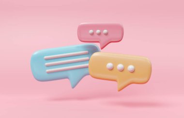 Minimalist mavi ve sarı konuşma baloncukları pembe arkaplanda yüzen ikonlar hakkında konuşuyorlar. Modern sohbet ya da gölgeli sosyal medya mesajları. 3B görüntüleme