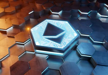 Mavi ve turuncu metal altıgen arkaplana oyulmuş ruhani simge konsepti. Soyut dijital yüzeyde parlayan kripto para birimi sembolü. 3d oluşturma