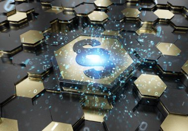 Siyah ve altın renkli altıgen kaideye oyulmuş kanun simgesi konsepti. Paragraf adalet logosu soyut dijital yüzeyde parlıyor. 3d oluşturma